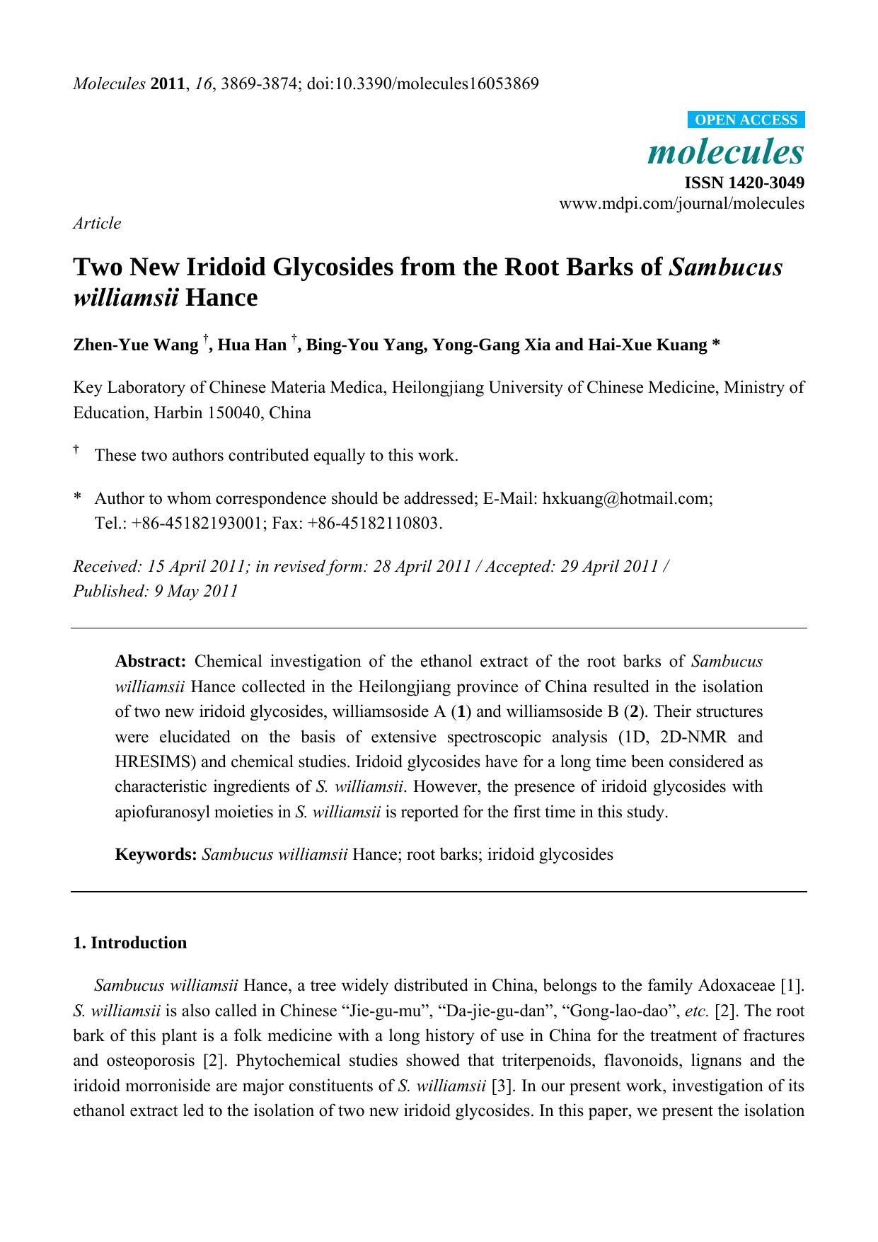 Two New Iridoid Glycosides from the Root Barks of Sambucus williamsii Hance by Zhen-Yue Wang & Hua Han & Bing-You Yang & Yong-Gang Xia & Hai-Xue Kuang
