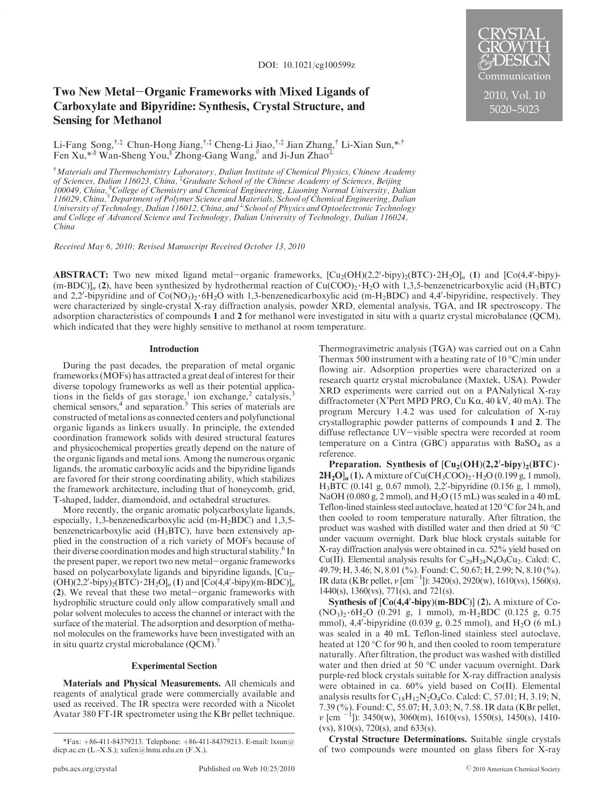 Two New MetalOrganic Frameworks with Mixed Ligands of Carboxylate and Bipyridine: Synthesis, Crystal Structure, and Sensing for Methanol by Unknown