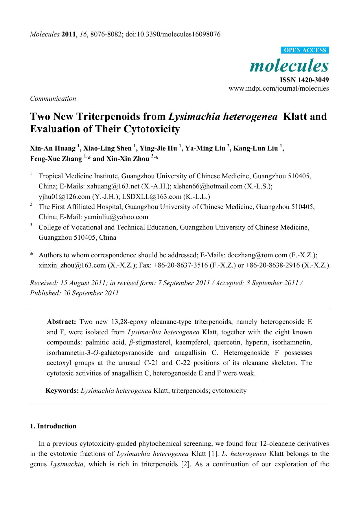 Two New Triterpenoids from Lysimachia Heterogenea Klatt and Evaluation of Their Cytotoxicity by unknow