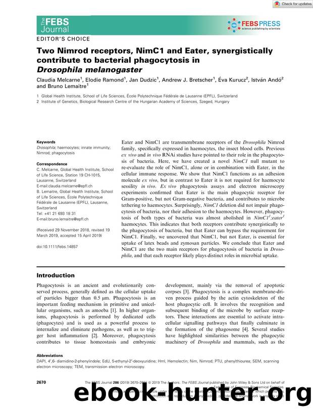Two Nimrod receptors, NimC1 and Eater, synergistically contribute to bacterial phagocytosis in DrosophilaÂ melanogaster by Unknown