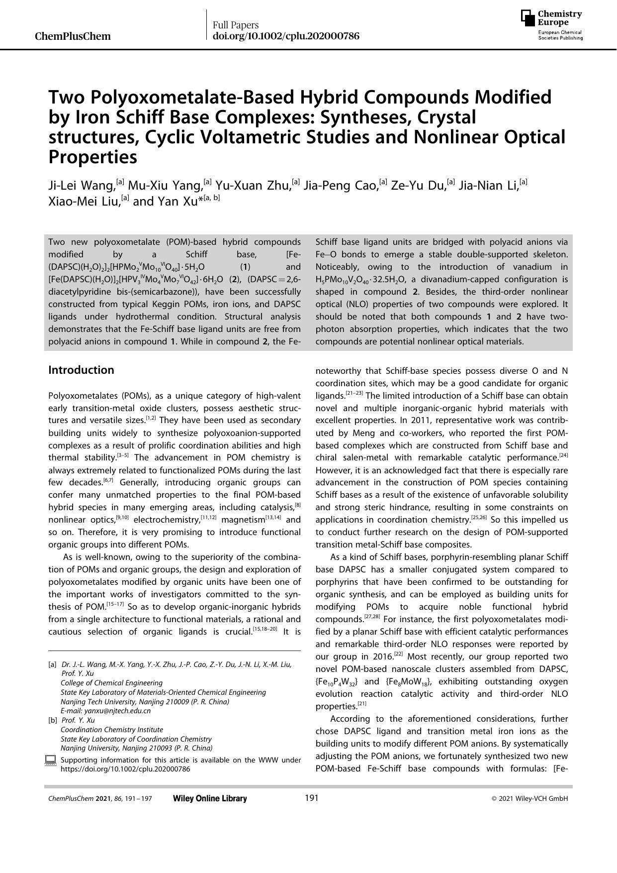 Two PolyoxometalateâBased Hybrid Compounds Modified by Iron Schiff Base Complexes: Syntheses, Crystal structures, Cyclic Voltametric Studies and Nonlinear Optical Properties by Unknown