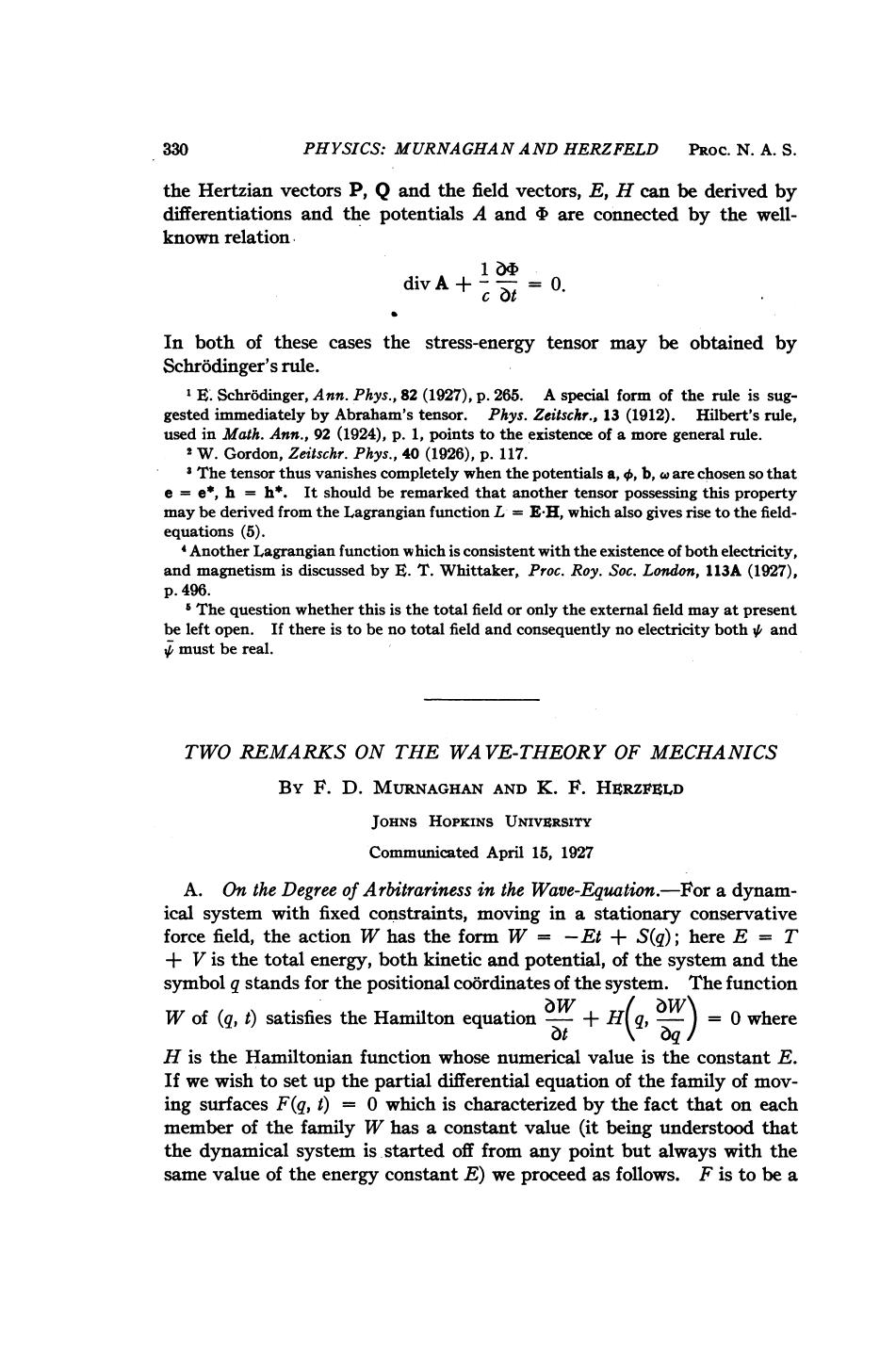 Two Remarks on the Wave-Theory of Mechanics by Murnaghan F.D. Herzfeld K.F