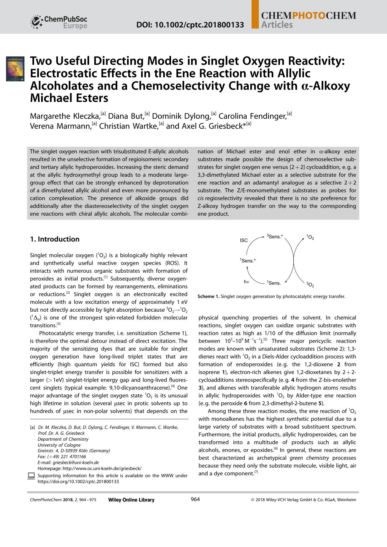 Two Useful Directing Modes in Singlet Oxygen Reactivity: Electrostatic Effects in the Ene Reaction with Allylic Alcoholates and a Chemoselectivity Change with Î±âAlkoxy Michael Esters by Unknown