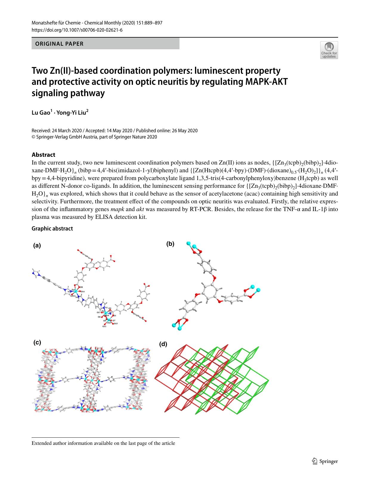 Two Zn(II)-based coordination polymers: luminescent property and protective activity on optic neuritis by regulating MAPK-AKT signaling pathway by Lu Gao & Yong-Yi Liu