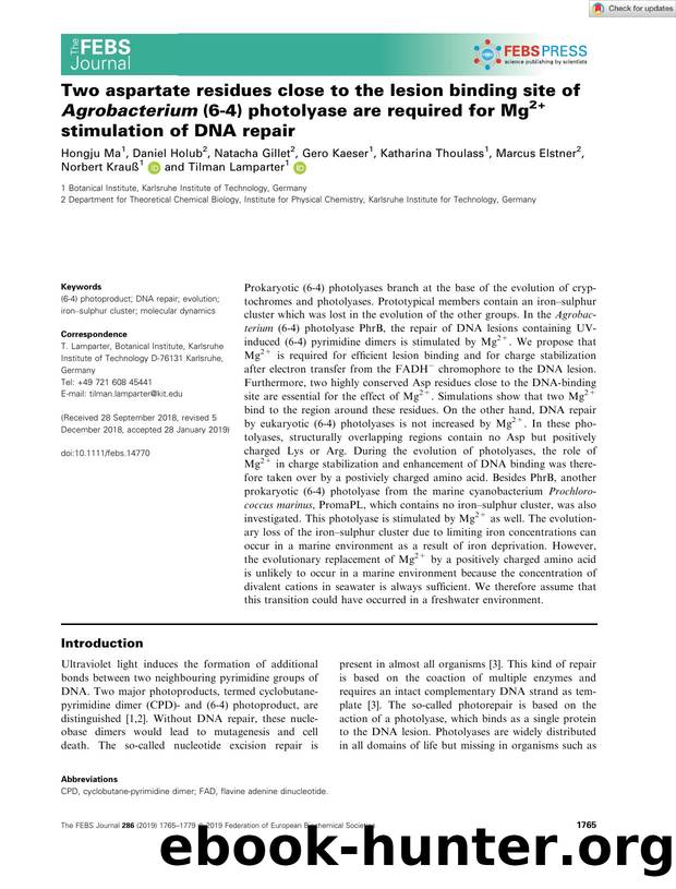 Two aspartate residues close to the lesion binding site of Agrobacterium (6â4) photolyase are required for Mg2+ stimulation of DNA repair by Unknown