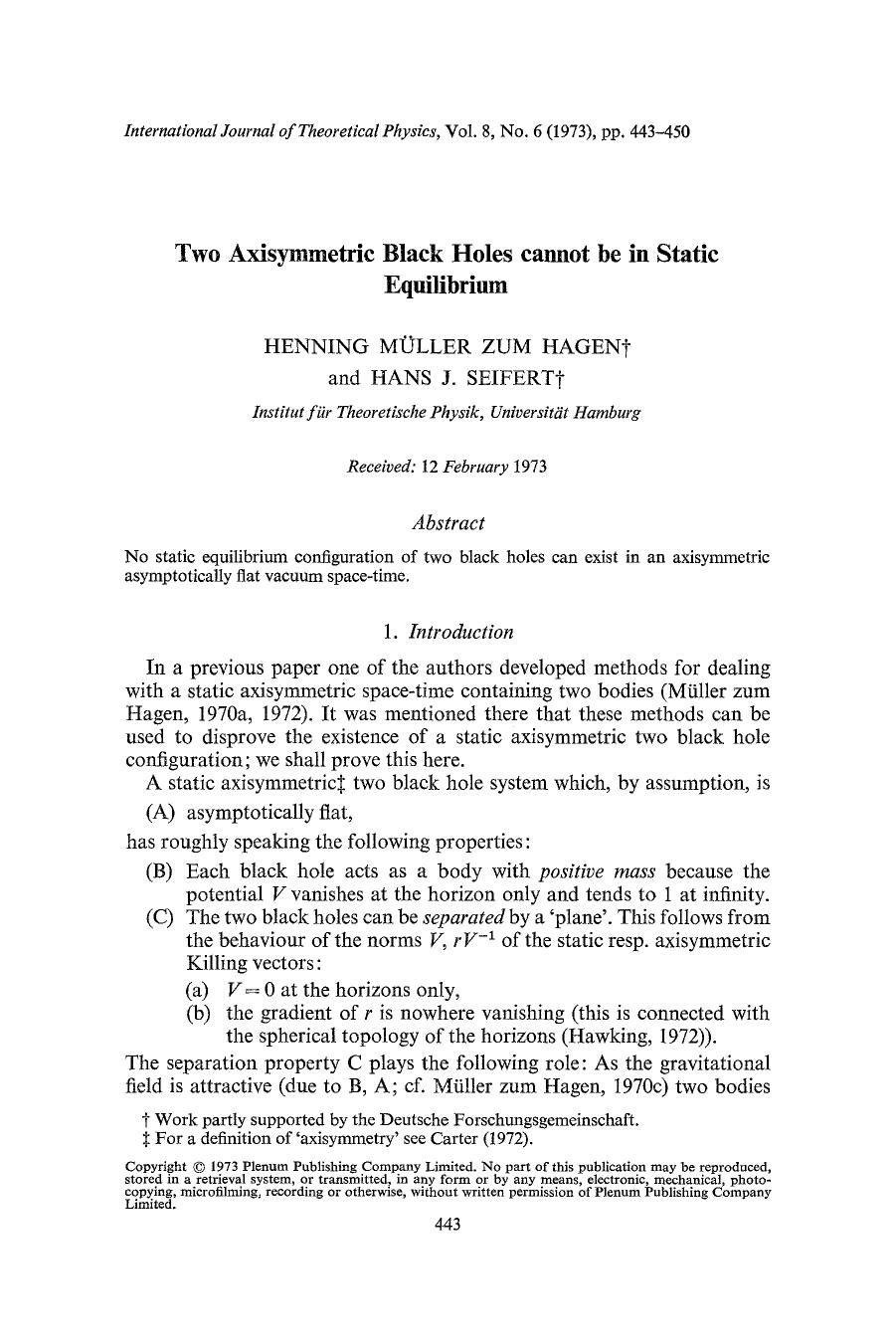 Two axisymmetric black holes cannot be in static equilibrium by Unknown
