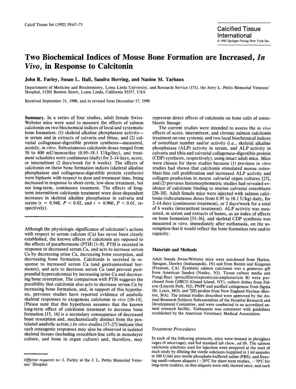 Two biochemical indices of mouse bone formation are increased, <Emphasis Type="Italic">in vivo<Emphasis>, in response to calcitonin by Unknown