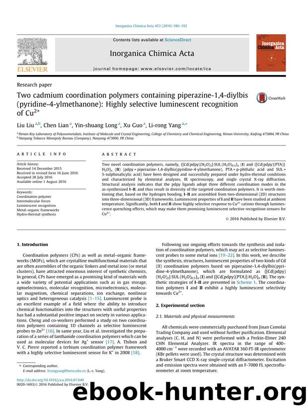 Two cadmium coordination polymers containing piperazine-1,4-diylbis(pyridine-4-ylmethanone): Highly selective luminescent recognition of Cu2+ by Liu Liu & Chen Lian & Yin-shuang Long & Xu Guo & Li-rong Yang