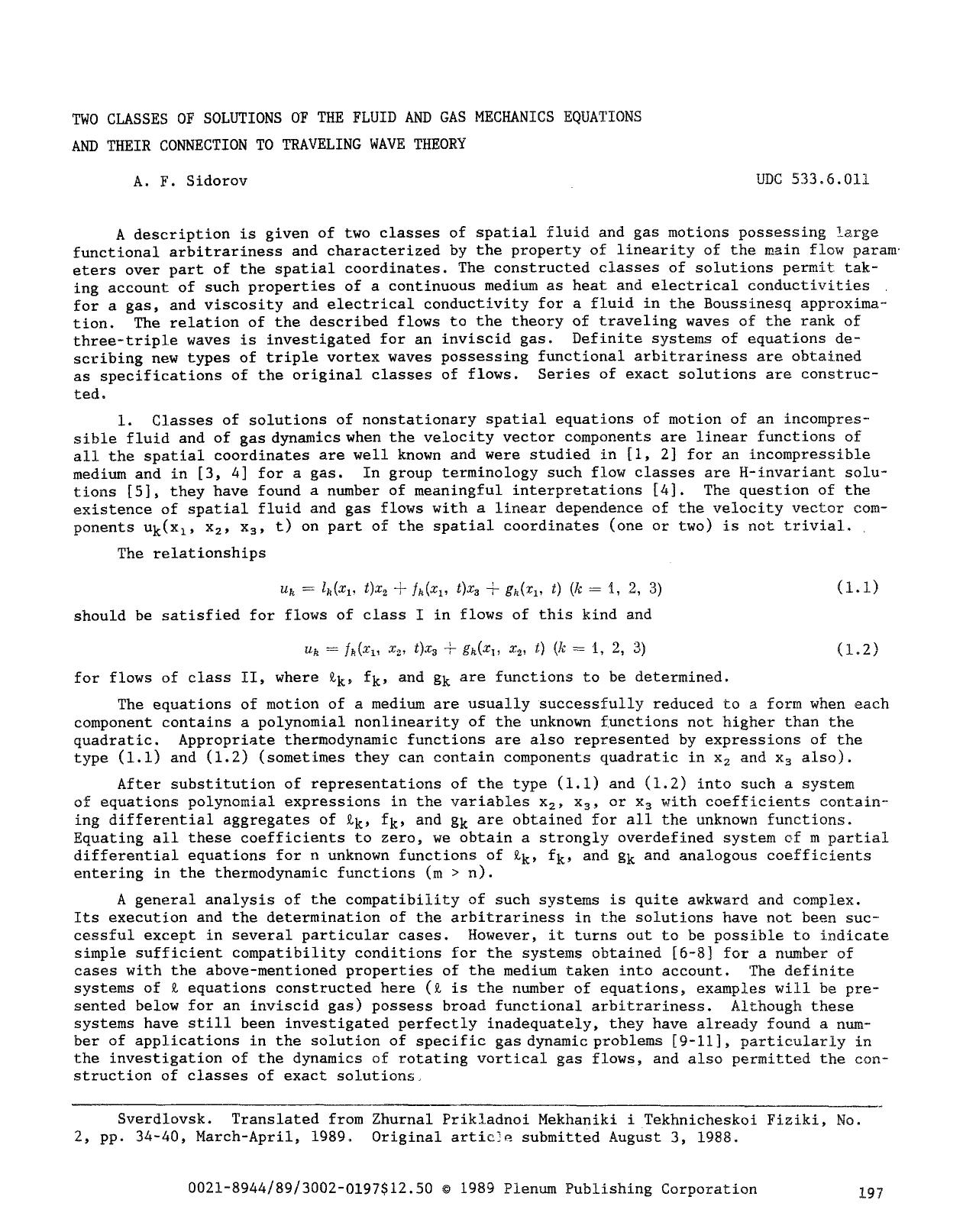 Two classes of solutions of the fluid and gas mechanics equations and their connection to traveling wave theory by Unknown