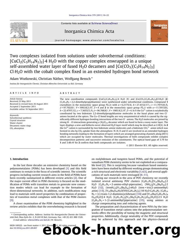 Two complexes isolated from solutions under solvothermal conditions: [CuCl2(C5H14N2)2]ÃÂ·4 H2O with the copper complex enwrapped in a unique self-assembled water layer of fused H2 by Adam Wutkowski & Christian Näther & Wolfgang Bensch