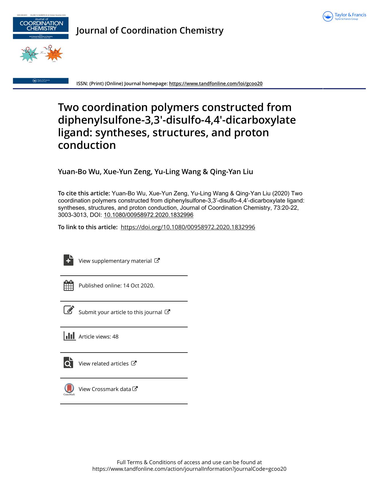 Two coordination polymers constructed from diphenylsulfone-3,3â²-disulfo-4,4â²-dicarboxylate ligand: syntheses, structures, and proton conduction by Wu Yuan-Bo & Zeng Xue-Yun & Wang Yu-Ling & Liu Qing-Yan