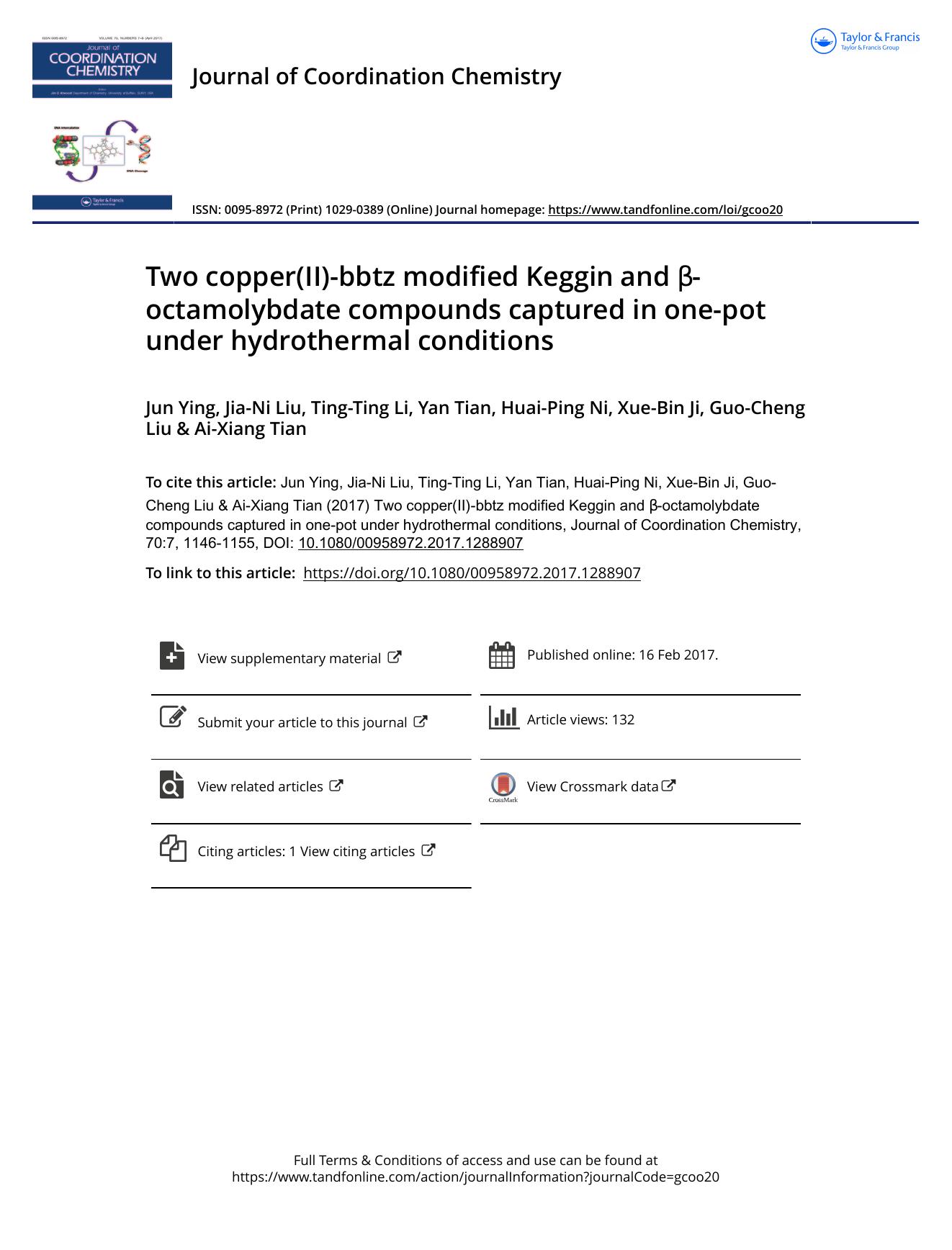 Two copper(II)-bbtz modified Keggin and Î²-octamolybdate compounds captured in one-pot under hydrothermal conditions by unknow