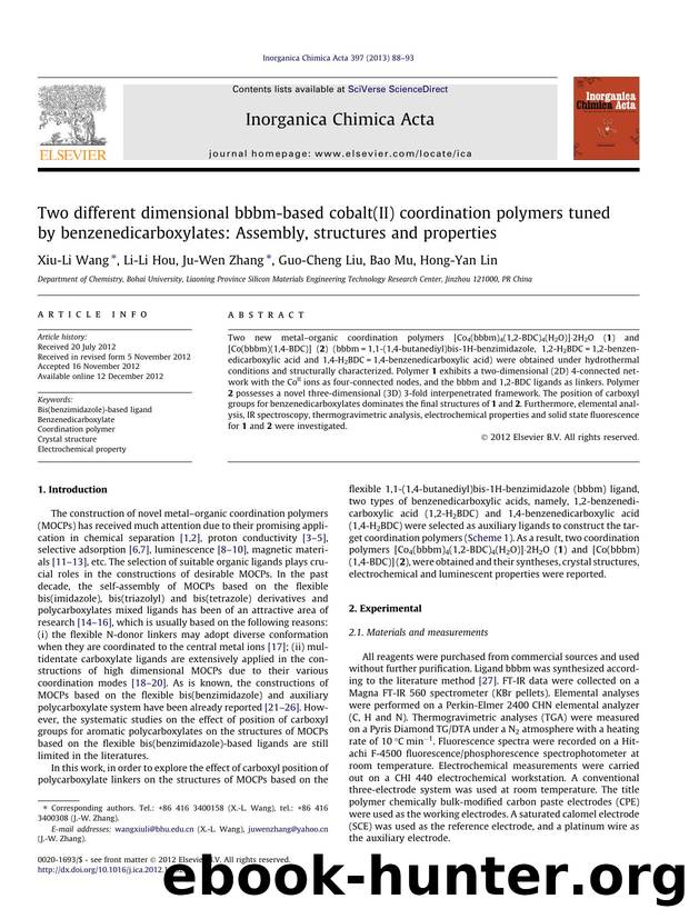 Two different dimensional bbbm-based cobalt(II) coordination polymers tuned by benzenedicarboxylates: Assembly, structures and properties by Xiu-Li Wang & Li-Li Hou & Ju-Wen Zhang & Guo-Cheng Liu & Bao Mu & Hong-Yan Lin