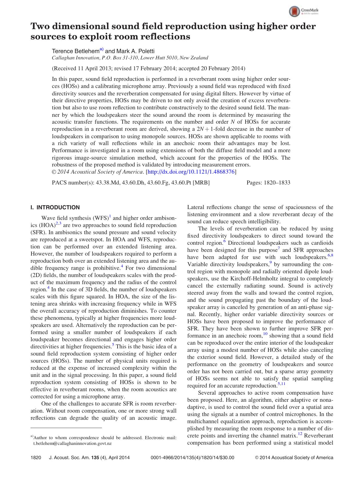 Two dimensional sound field reproduction using higher order sources to exploit room reflections by Terence Betlehema) and Mark A. Poletti