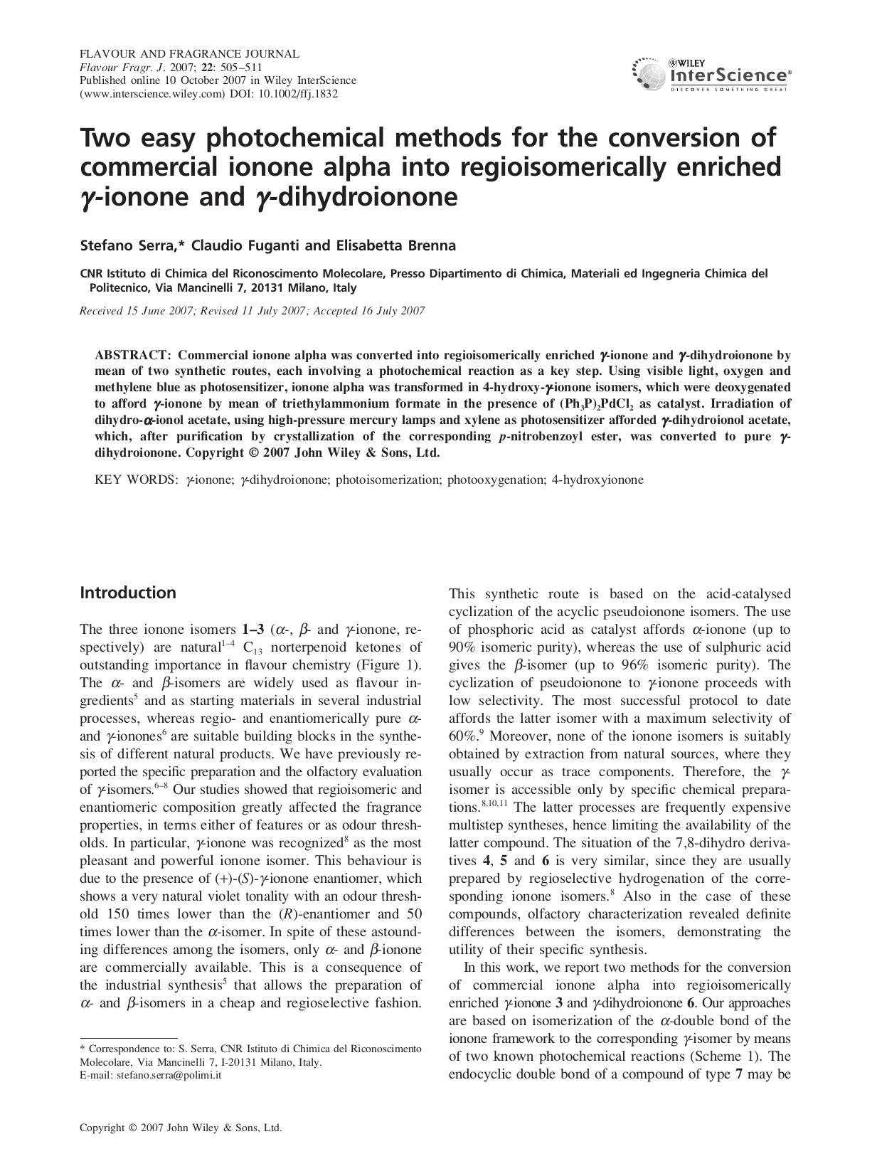 Two easy photochemical methods for the conversion of commercial ionone alpha into regioisomerically enriched [ggr]-ionone and [ggr]-dihydroionone by FuHT