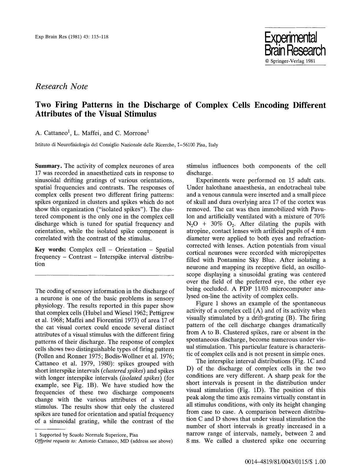 Two firing patterns in the discharge of complex cells encoding different attributes of the visual stimulus by Unknown