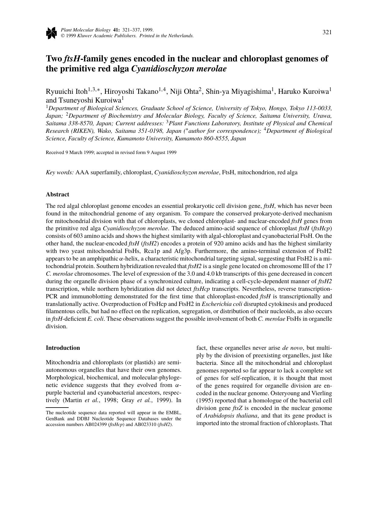 Two ftsH-family genes encoded in the nuclear and chloroplast genomes of the primitive red alga Cyanidioschyzon merolae by Unknown