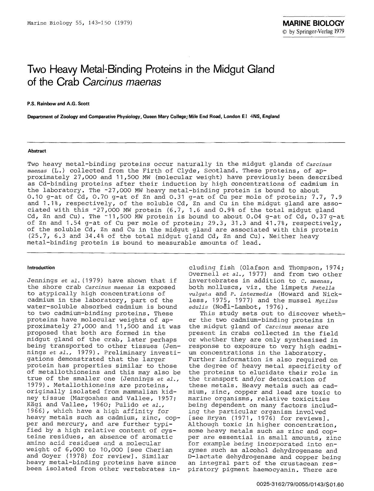 Two heavy metal-binding proteins in the midgut gland of the crab <Emphasis Type="Italic">Carcinus maenas<Emphasis> by Unknown