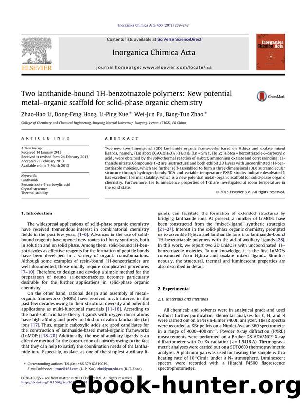 Two lanthanide-bound 1H-benzotriazole polymers: New potential metalâorganic scaffold for solid-phase organic chemistry by Zhao-Hao Li & Dong-Feng Hong & Li-Ping Xue & Wei-Jun Fu & Bang-Tun Zhao