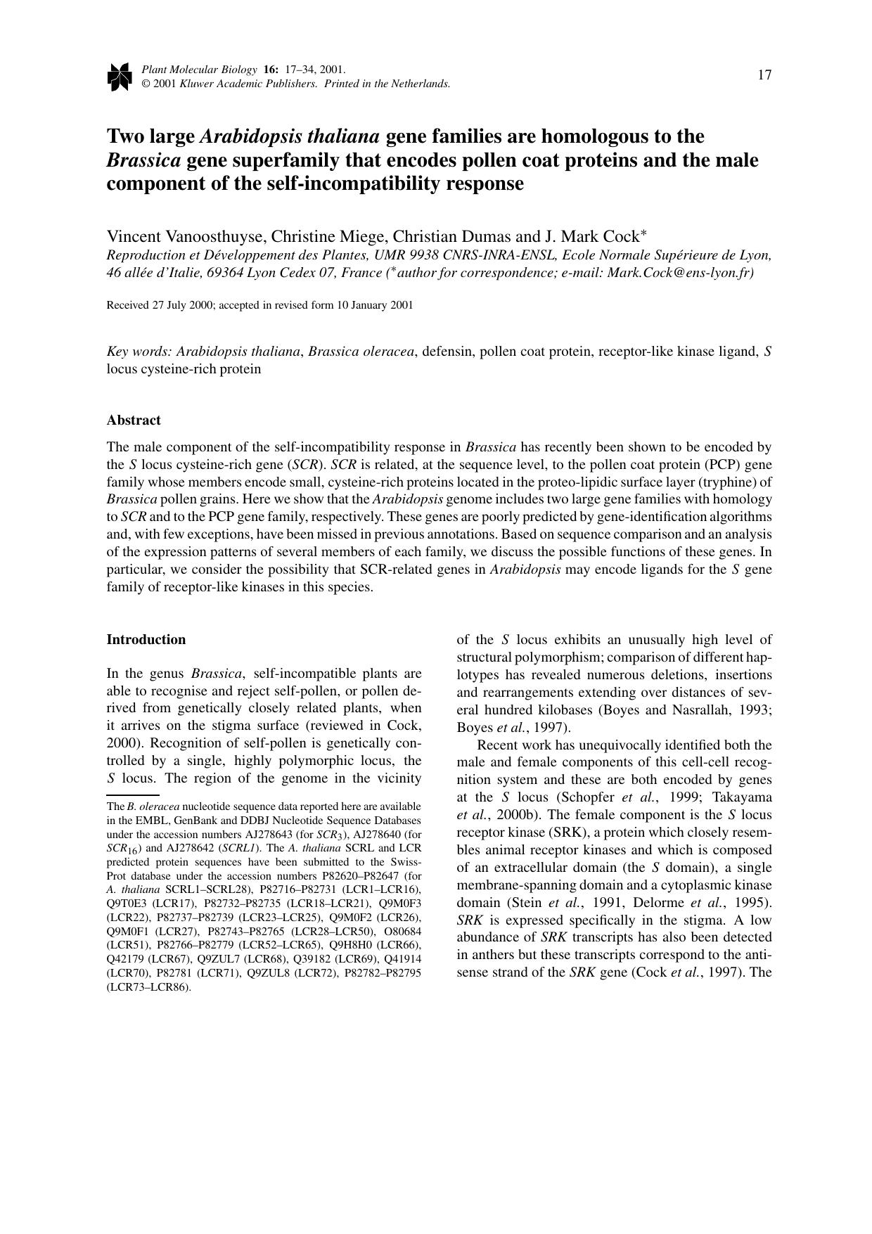 Two large Arabidopsis thaliana gene families are homologous to the Brassica gene superfamily that encodes pollen coat proteins and the male component of the self-incompatibility response by Unknown