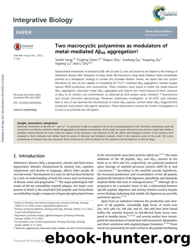 Two macrocyclic polyamines as modulators of metal-mediated A&#x3b2;40 aggregation by Yanfei Yang & Tingting Chen & Shajun Zhu & Xuefang Gu & Xueping Jia & Yapeng Lu & Li Zhu