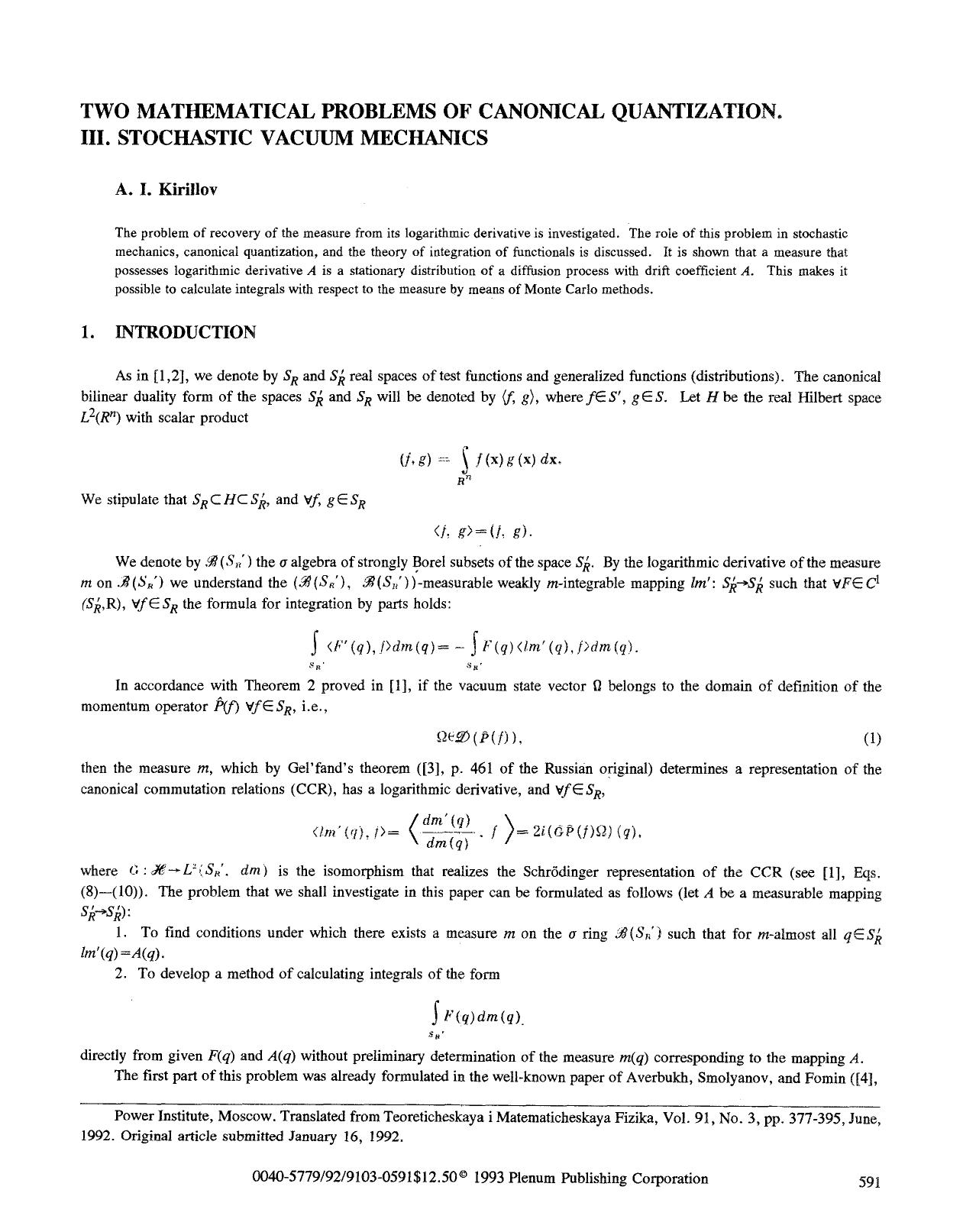 Two mathematical problems of canonical quantization. III. Stochastic vacuum mechanics by Unknown