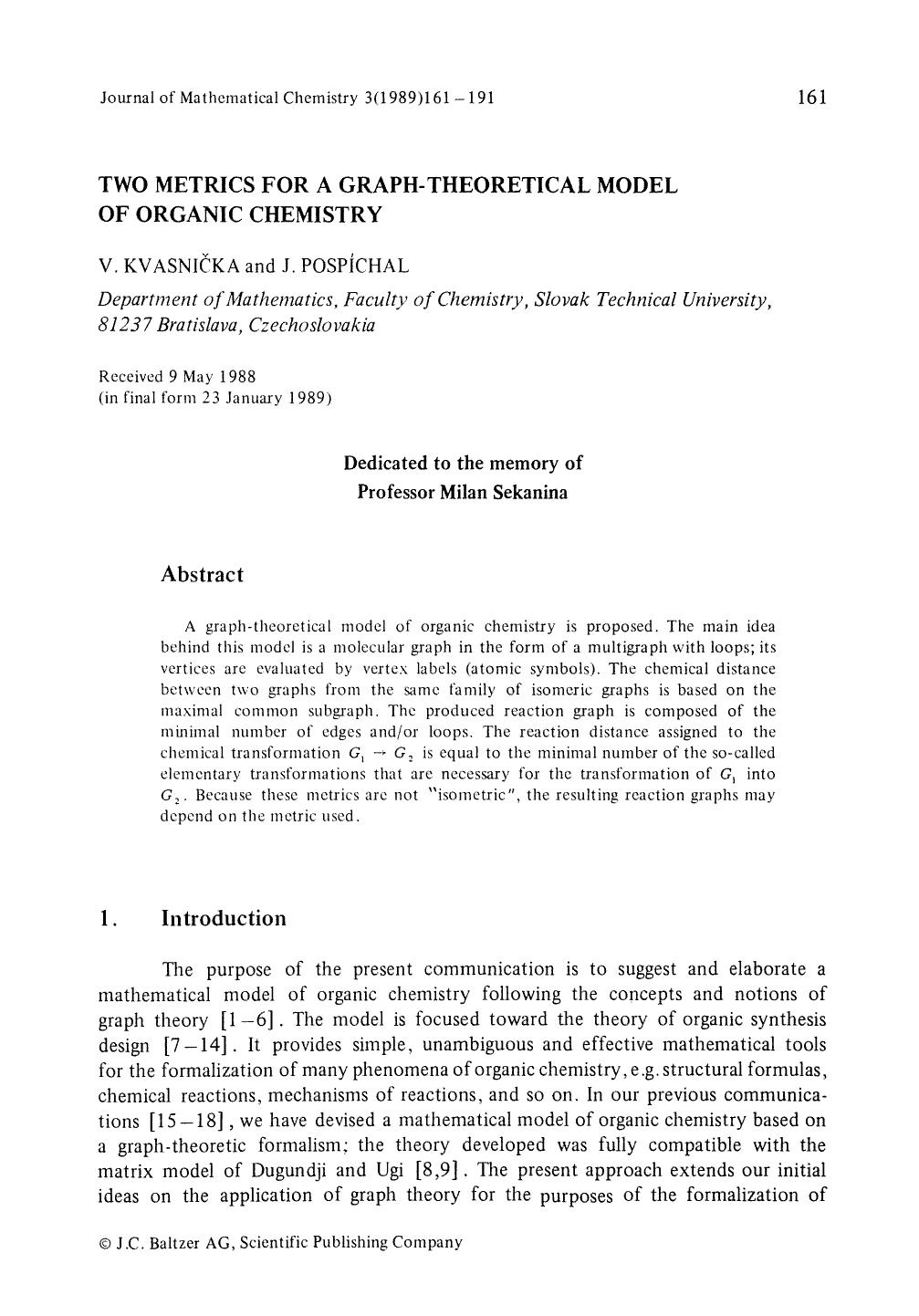 Two metrics for a graph-theoretical model of organic chemistry by Unknown
