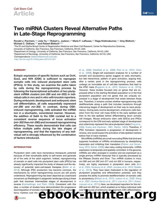 Two miRNA Clusters Reveal Alternative Paths in Late-Stage Reprogramming by unknow