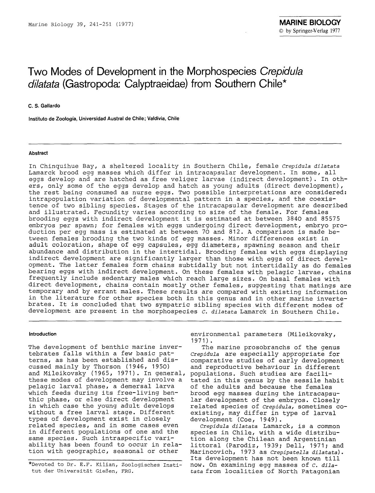 Two modes of development in the morphospecies <Emphasis Type="Italic">Crepidula dilatata<Emphasis> (Gastropoda: Calyptraeidae) from Southern Chile by Unknown