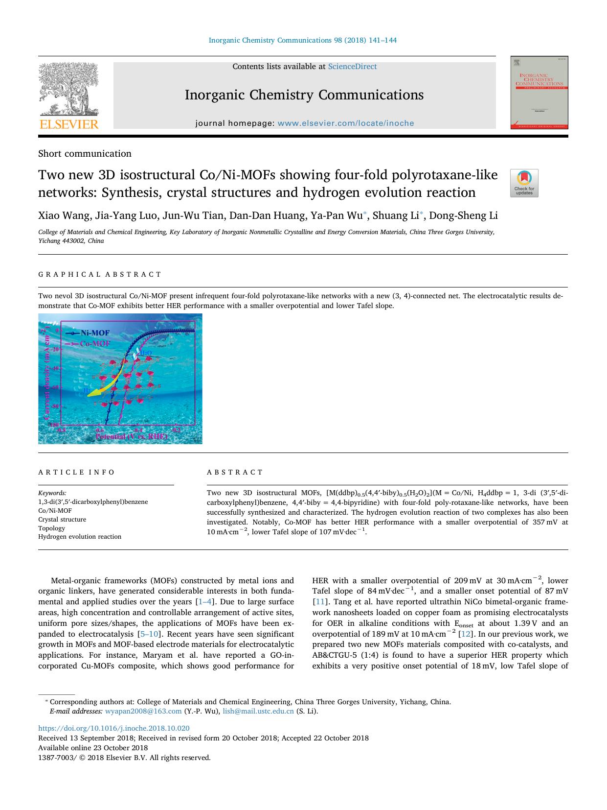 Two new 3D isostructural CoNi-MOFs showing four-fold polyrotaxane-like networks_ Synthesis, crystal structures and hydrogen evolution reaction by Xiao Wang & Jia-Yang Luo & Jun-Wu Tian & Dan-Dan Huang & Ya-Pan Wu & Shuang Li & Dong-Sheng Li