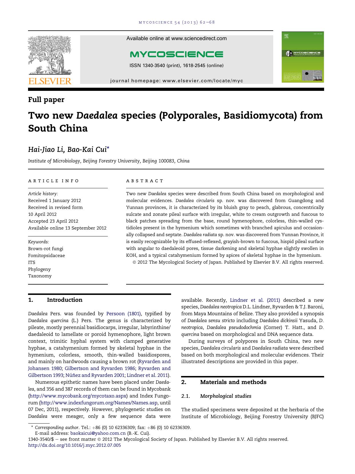 Two new Daedalea species (Polyporales, Basidiomycota) from South China by Hai-Jiao Li & Bao-Kai Cui