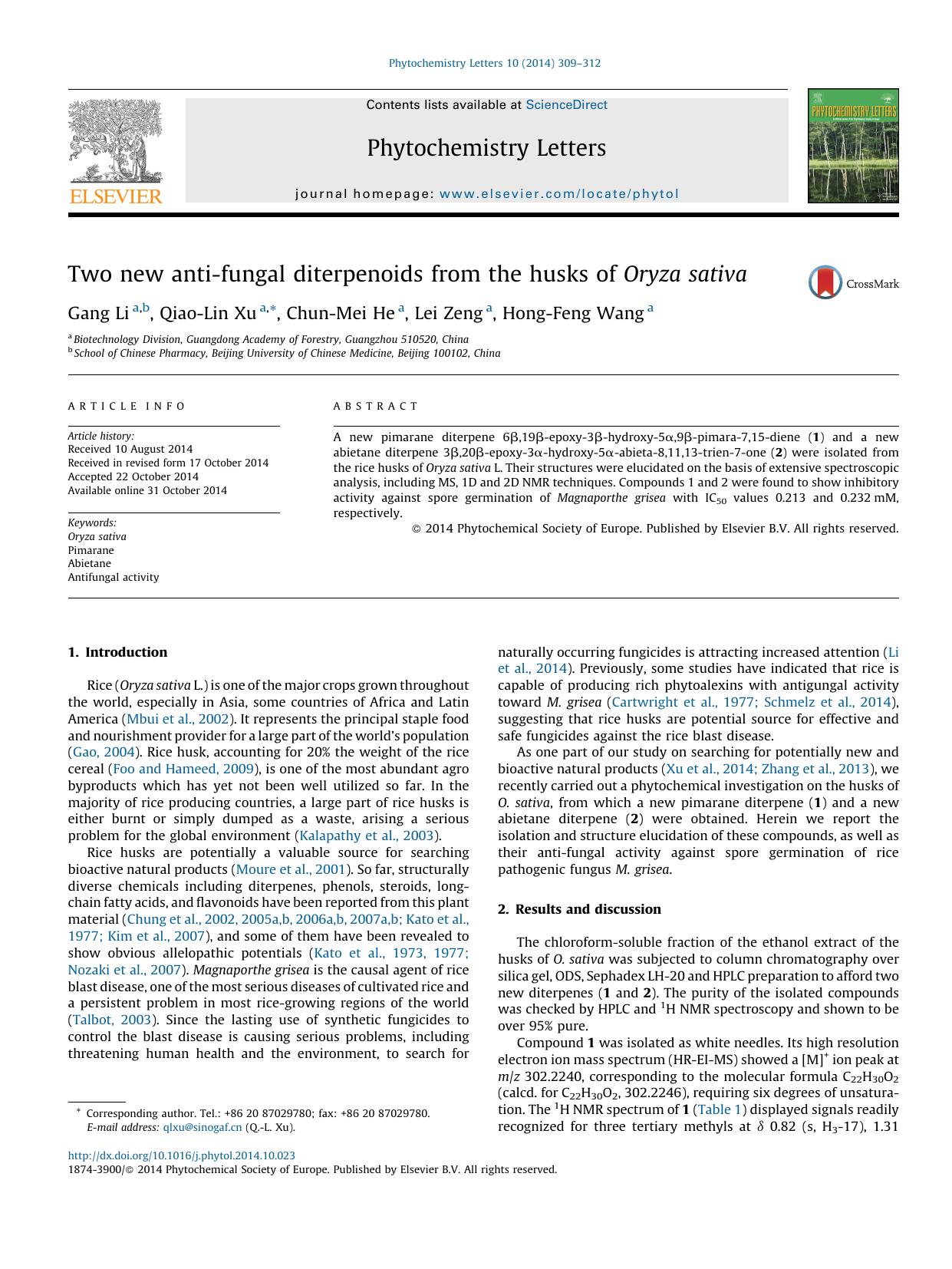 Two new anti-fungal diterpenoids from the husks of Oryza sativa by Gang Li & Qiao-Lin Xu & Chun-Mei He & Lei Zeng & Hong-Feng Wang