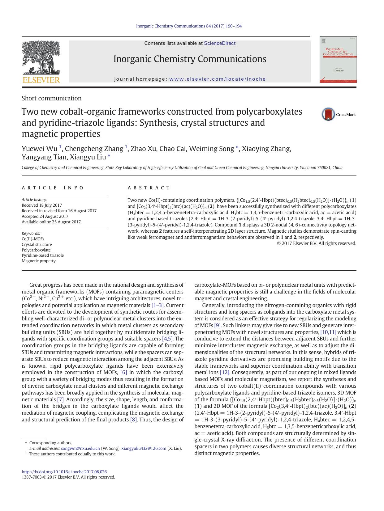Two new cobalt-organic frameworks constructed from polycarboxylates and pyridine-triazole ligands: Synthesis, crystal structures and magnetic properties by unknow