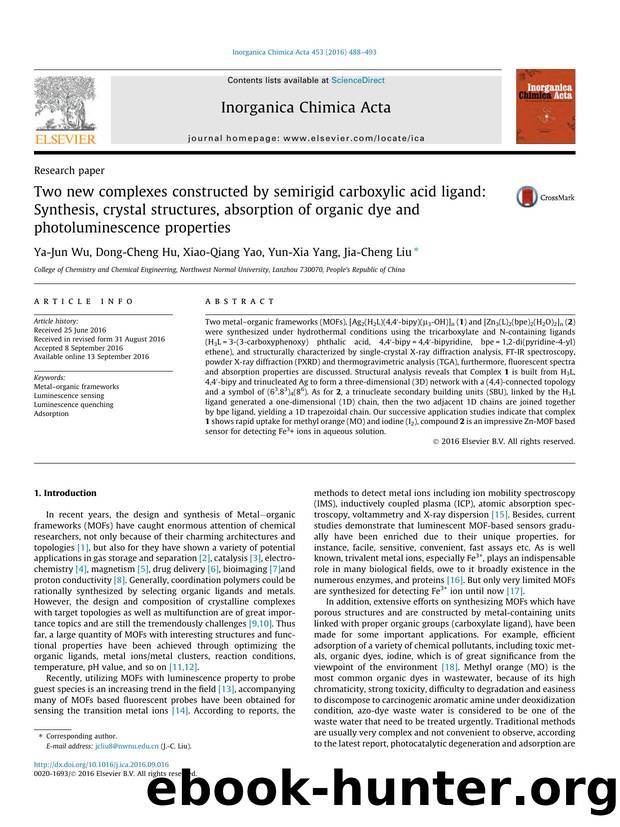 Two new complexes constructed by semirigid carboxylic acid ligand: Synthesis, crystal structures, absorption of organic dye and photoluminescence properties by Ya-Jun Wu & Dong-Cheng Hu & Xiao-Qiang Yao & Yun-Xia Yang & Jia-Cheng Liu