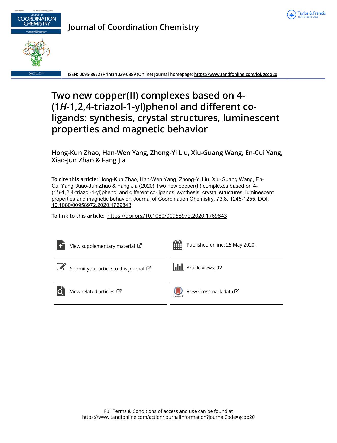 Two new copper(II) complexes based on 4-(1H-1,2,4-triazol-1-yl)phenol and different co-ligands: synthesis, crystal structures, luminescent properties and magnetic behavior by unknow