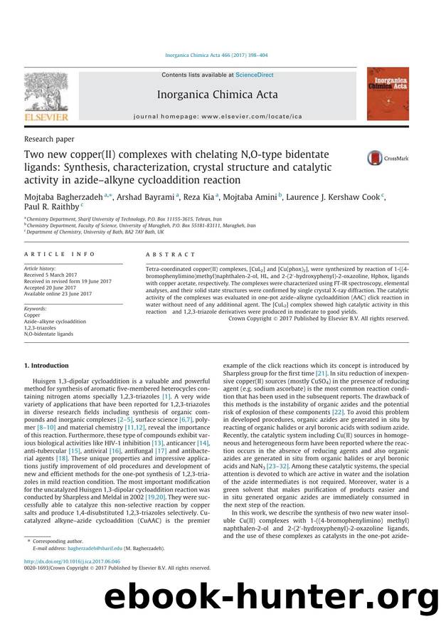 Two new copper(II) complexes with chelating N,O-type bidentate ligands: Synthesis, characterization, crystal structure and catalytic activity in azideÃ¢â¬âalkyne cycloaddition reaction by unknow