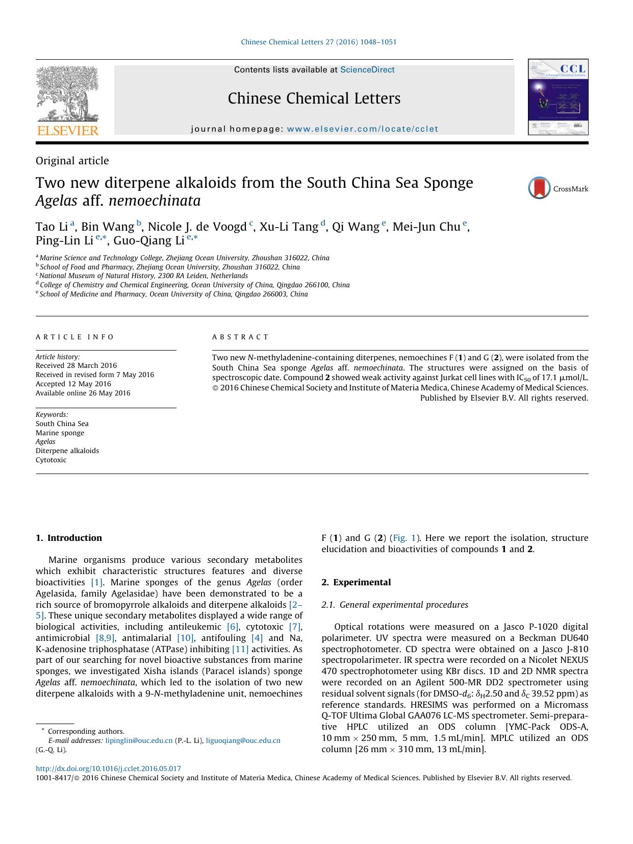Two new diterpene alkaloids from the South China Sea Sponge Agelas aff. nemoechinata by unknow