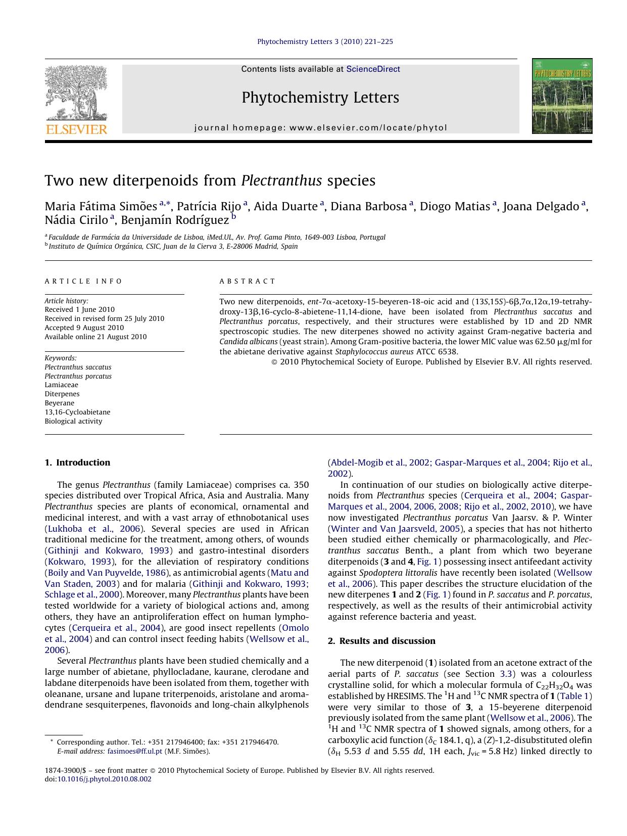 Two new diterpenoids from Plectranthus species by Maria FÃ¡tima SimÃµes