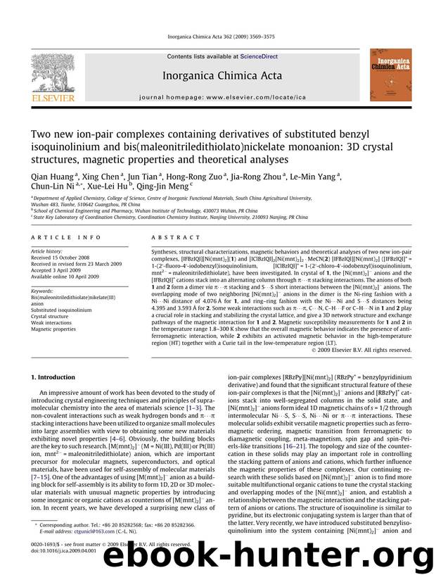 Two new ion-pair complexes containing derivatives of substituted benzyl isoquinolinium and bis(maleonitriledithiolato)nickelate monoanion: 3D crystal structures, magnetic propertie by unknow