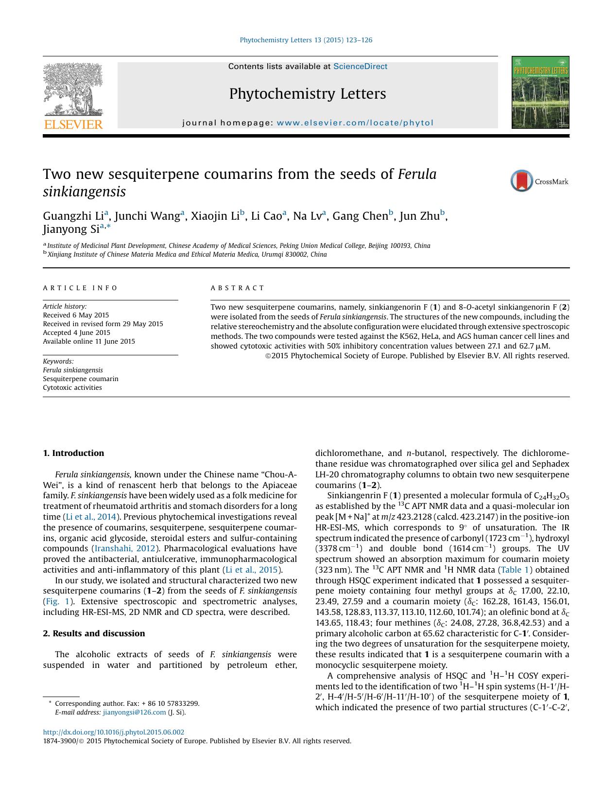 Two new sesquiterpene coumarins from the seeds of Ferula sinkiangensis by Guangzhi Li & Junchi Wang & Xiaojin Li & Li Cao & Na Lv & Gang Chen & Jun Zhu & Jianyong Si