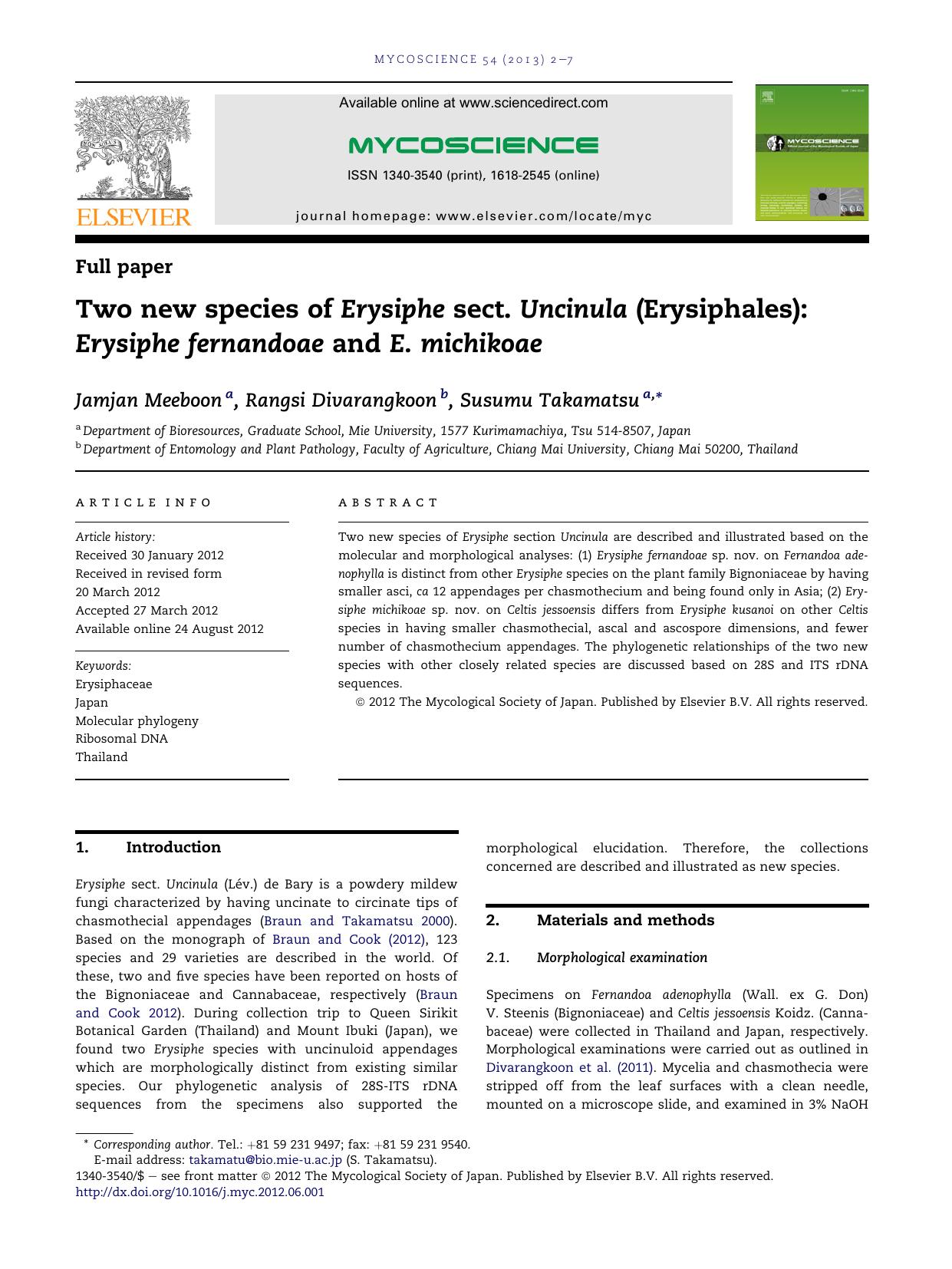 Two new species of Erysiphe sect. Uncinula (Erysiphales): Erysiphe fernandoae and E. michikoae by Jamjan Meeboon & Rangsi Divarangkoon & Susumu Takamatsu