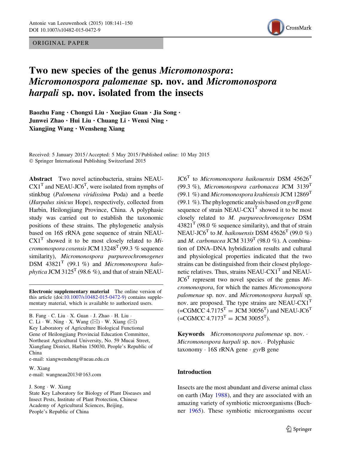 Two new species of the genus Micromonospora: Micromonospora palomenae sp. nov. and Micromonospora harpali sp. nov. isolated from the insects by unknow
