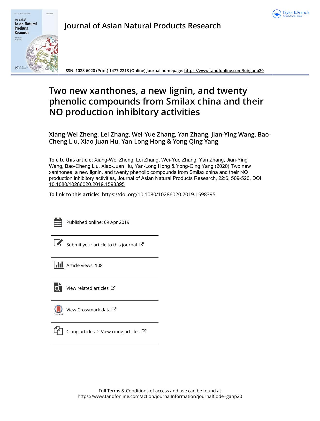Two new xanthones, a new lignin, and twenty phenolic compounds from Smilax china and their NO production inhibitory activities by unknow