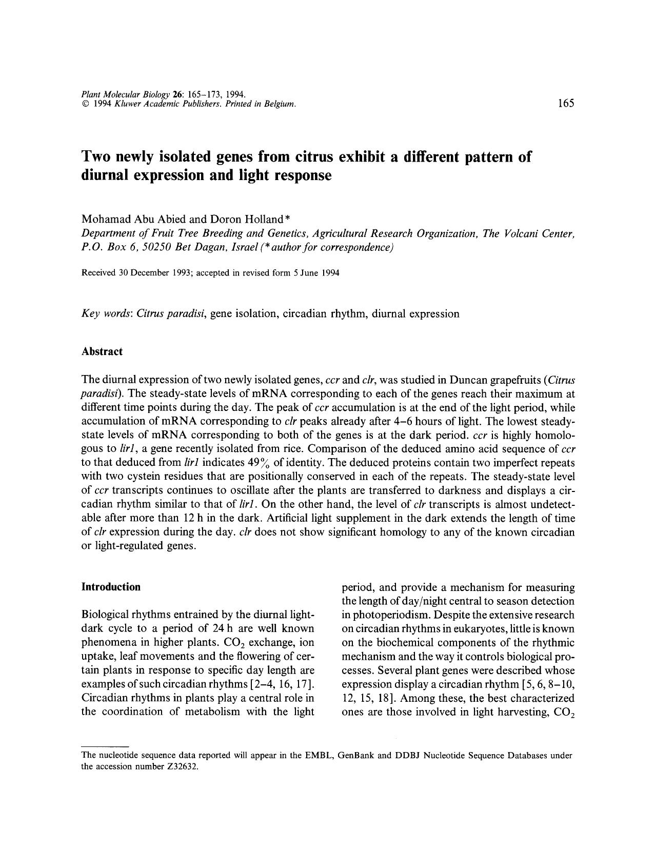 Two newly isolated genes from citrus exhibit a different pattern of diurnal expression and light response by Unknown