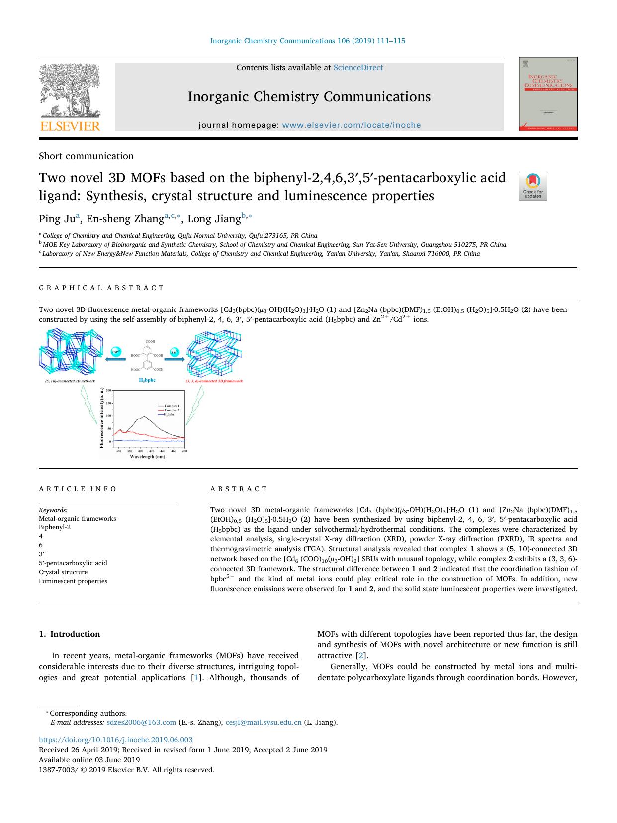 Two novel 3D MOFs based on the biphenyl-2,4,6,3â²,5â²-pentacarboxylic acid ligand_ Synthesis, crystal structure and luminescence properties by Ping Ju & En-sheng Zhang & Long Jiang