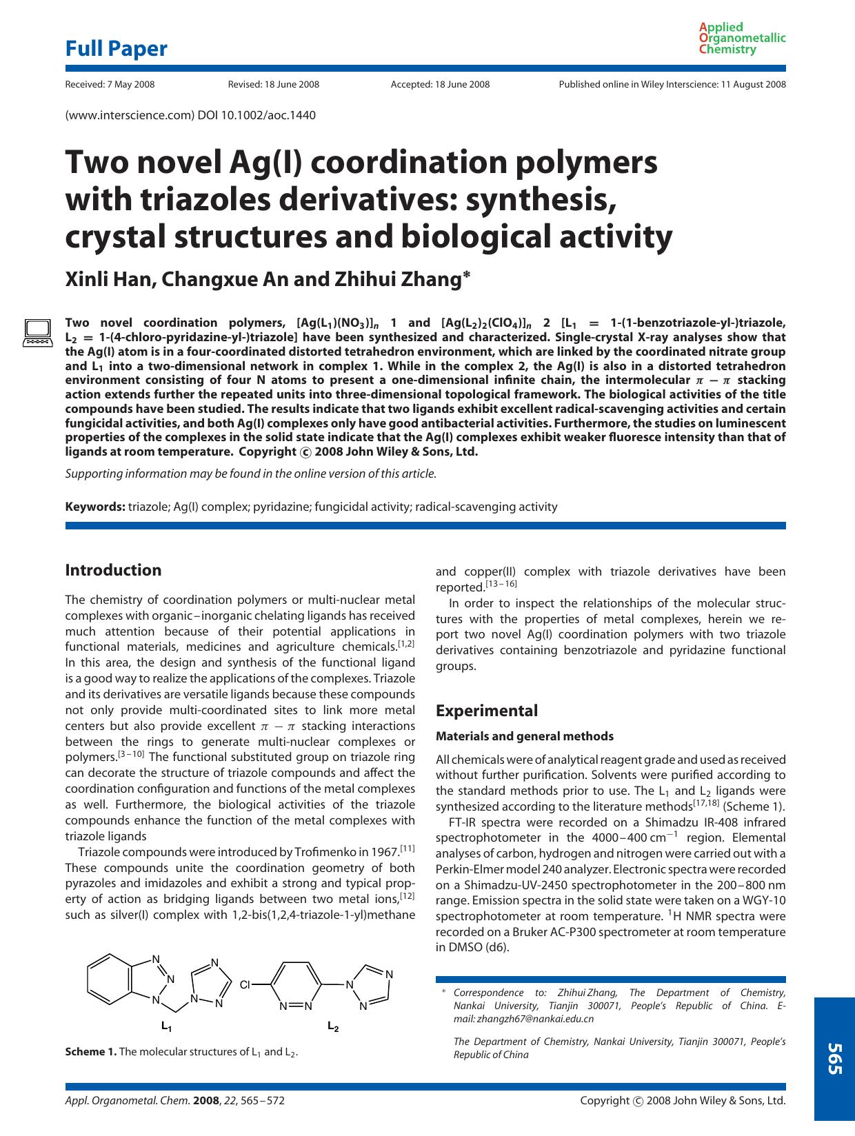 Two novel Ag(I) coordination polymers with triazoles derivatives: synthesis, crystal structures and biological activity by Unknown
