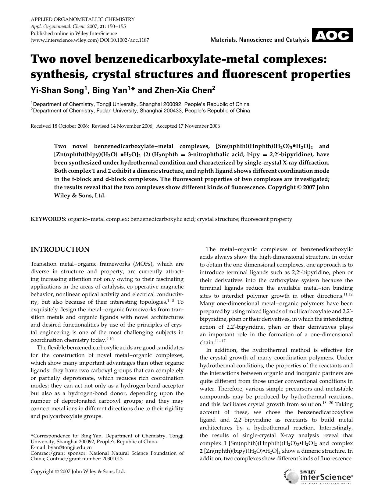 Two novel benzenedicarboxylate-metal complexes: synthesis, crystal structures and fluorescent properties by Unknown