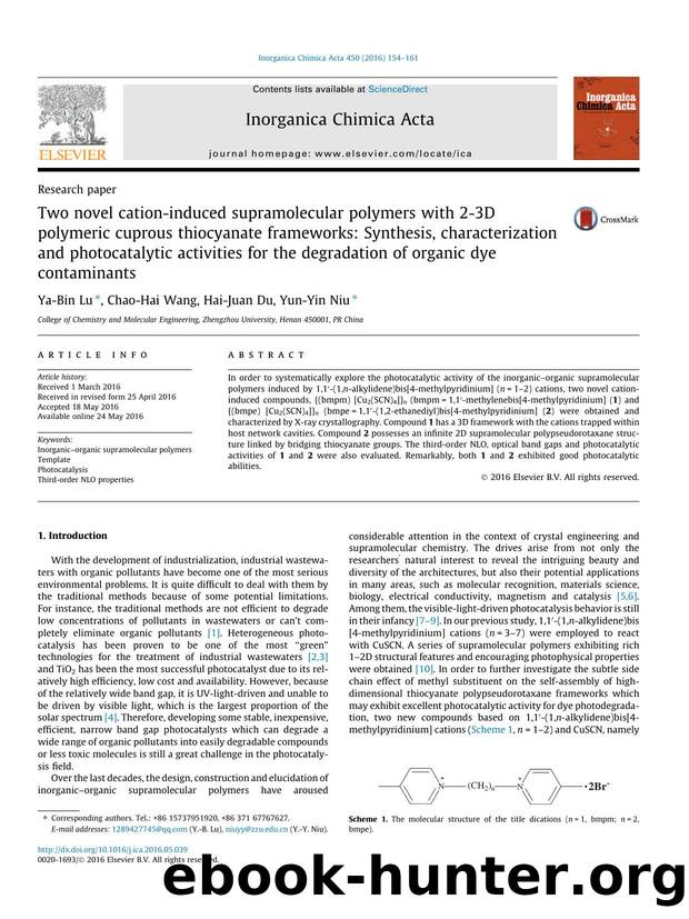 Two novel cation-induced supramolecular polymers with 2-3D polymeric cuprous thiocyanate frameworks: Synthesis, characterization and photocatalytic activities for the degradation o by Ya-Bin Lu & Chao-Hai Wang & Hai-Juan Du & Yun-Yin Niu