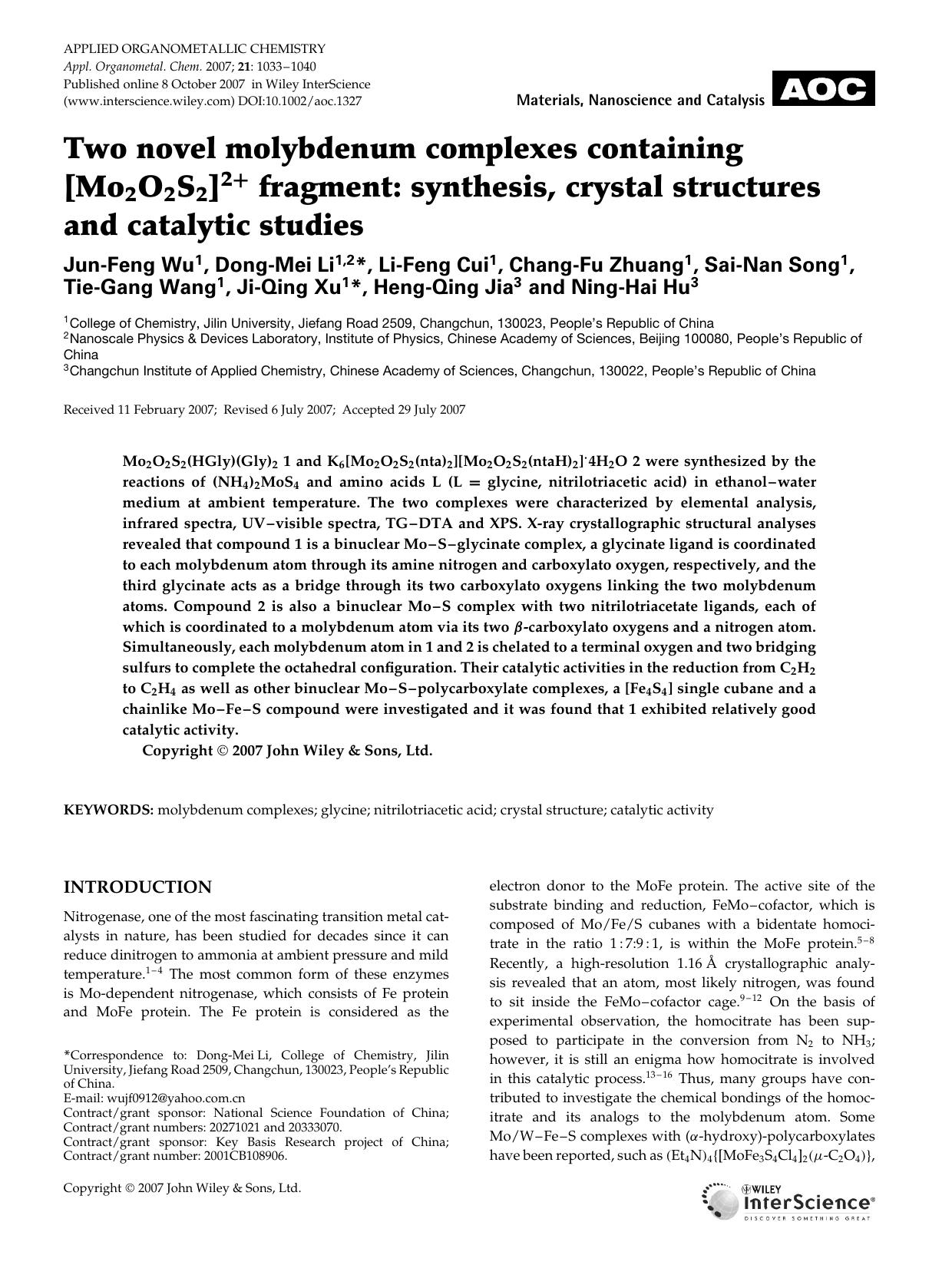 Two novel molybdenum complexes containing [Mo2O2S2]2+ fragment: synthesis, crystal structures and catalytic studies by Unknown
