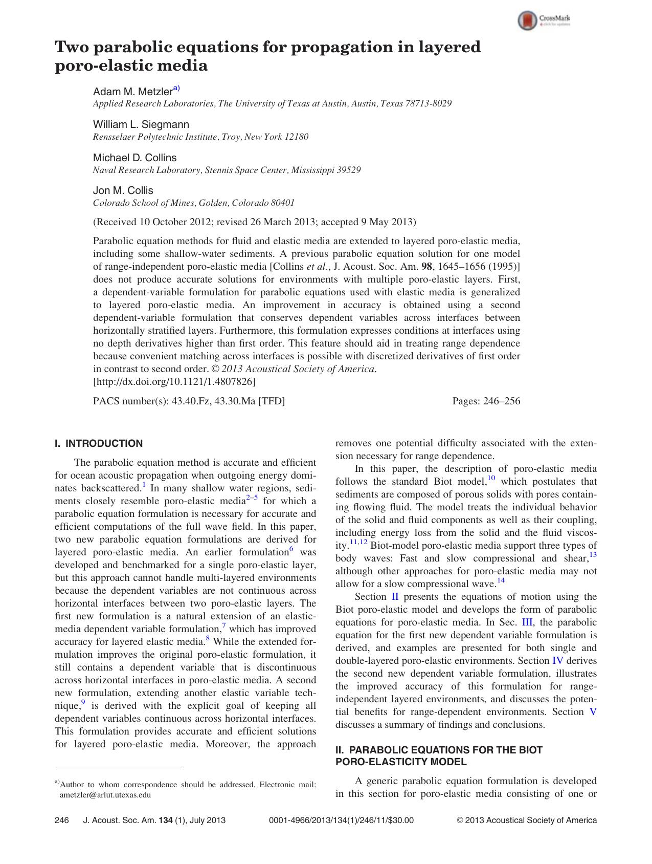 Two parabolic equations for propagation in layered poro-elastic media by Adam M. Metzlera) William L. Siegmann Michael D. Collins and Jon M. Collis